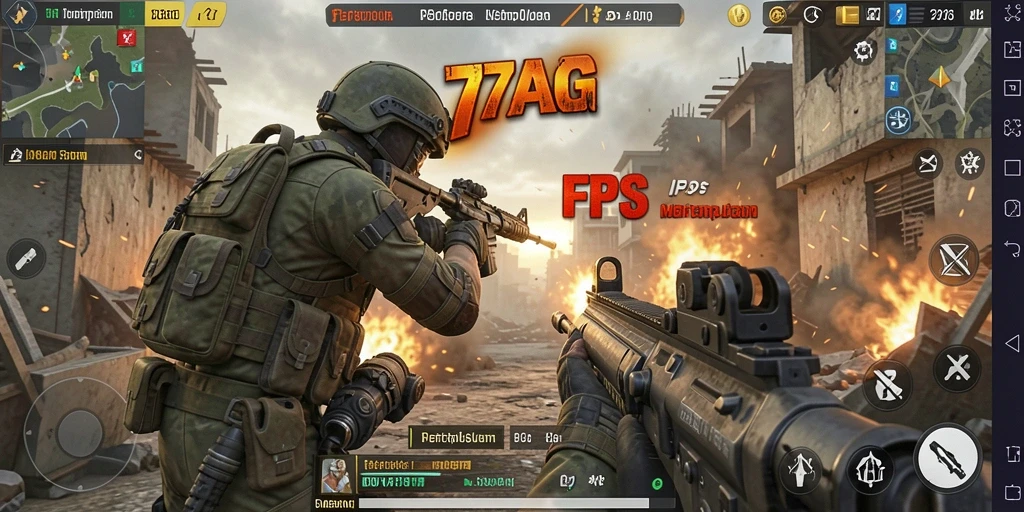 Screenshot utama 77AG menampilkan aksi gameplay FPS yang seru.