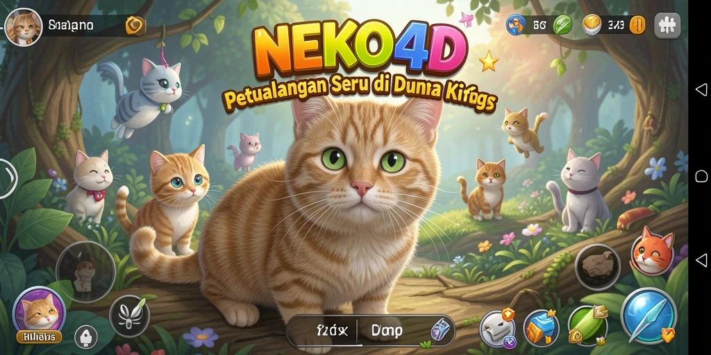 Tangkapan layar gameplay NEKO4D menampilkan kucing berpetualang melintasi dunia penuh misteri.