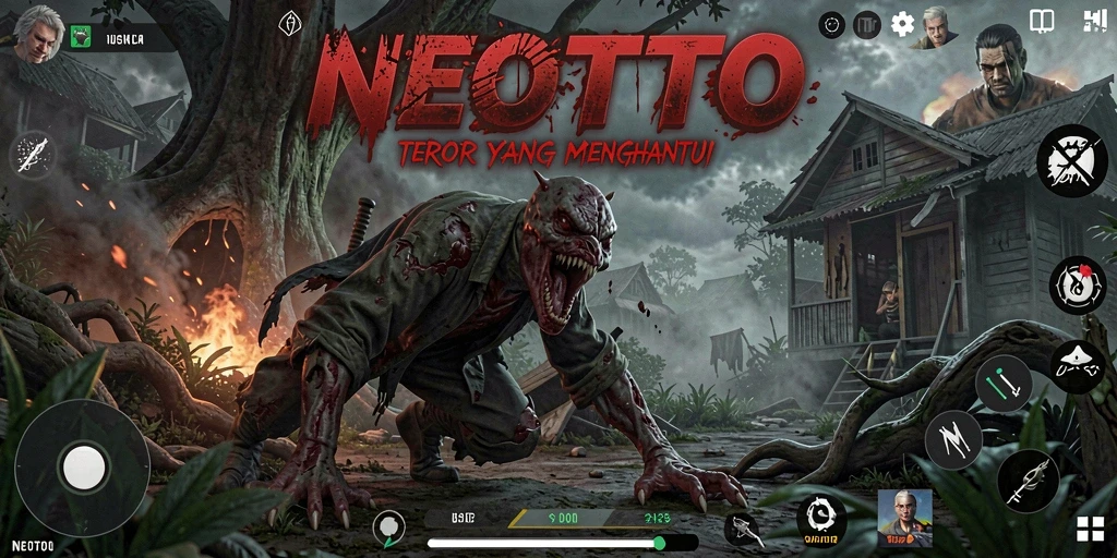 Screenshot gameplay NEOTOTO menampilkan suasana mencekam dan monster menyeramkan.