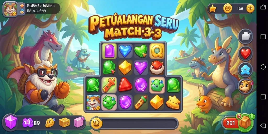 Screenshot gameplay RAP89 dengan elemen Match-3 yang cerah dan menarik.