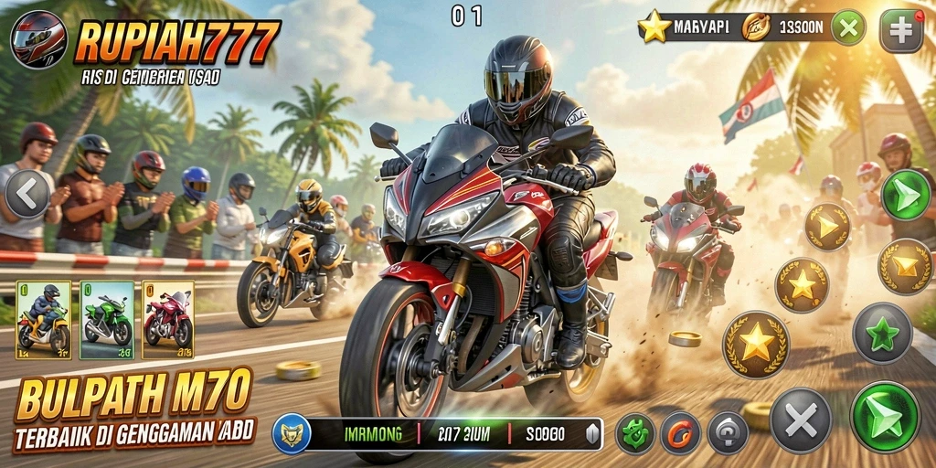 Tangkapan layar gameplay RUPIAH777 dengan aksi balapan motor yang mendebarkan.