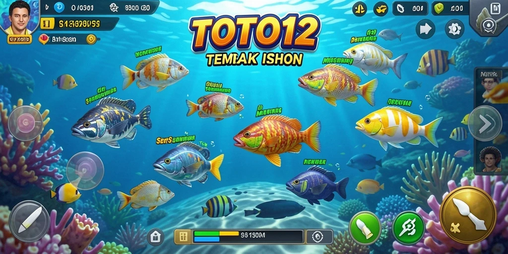 Screenshot gameplay TOTO12 dengan ikan yang berwarna-warni.